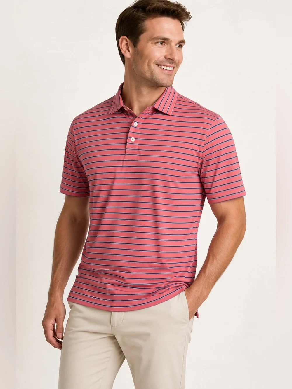 J.Crew Performance Men’s Coral Pink Navy Striped Golf Polo SS Shirt Size Large